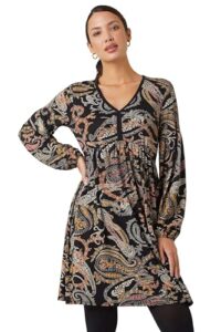 Roman Floral Print Stretch Jersey Dress for Women UK - Ladies Winter Autumn 3/4 Long Sleeve Knee Length V-Neck Casual Smart Gathered Waist A Line Swing Skater Cocktail Party