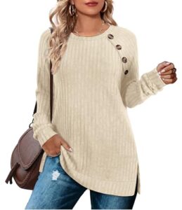 Aokosor Long Sleeve Tops Women Lightweight Jumpers Ladies Button Side Splits Tunic