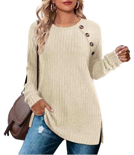 Aokosor Long Sleeve Tops Women Lightweight Jumpers Ladies Button Side Splits Tunic