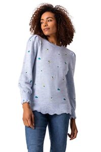 Roman Originals Floral Embroidered Scallop Hem Jumper for Women UK - Ladies Autumn Everyday Winter Holiday Pull-On Round Neck Long Sleeve Comfy Soft Vacation Work