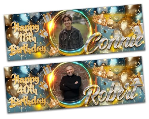 Personalised Happy Birthday Fabric 2ftx6ft Photo Banner Balloon Gold Blue Custom Photo Name Age Poster Kids Party Banner Gift Decoration-18th 20th 30th 40th 50th 60th 70th
