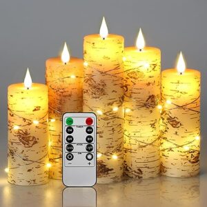Da by Candle Lights LED Candles Hand Painted Birch Bark Recessed String Candles Set of 5 (Heights: 13/14/16/18/20cm) Battery Powered Candles with Dancing LED Flame 10 Button Remote Control