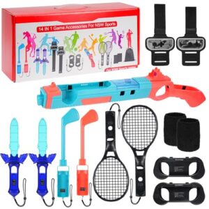 zerotop 14 in 1 Switch Sports Accessories Bundle for Nintendo Switch Games Nintendo Switch OLED Switch Sports Accessories with Tennis Rackets Golf Culbs JoyPad Grips Sword Wrist & Leg Straps