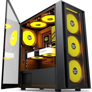 AMANSON PC Case- Pre-Install 6 PWM Fans，ATX Mid Tower Gaming Case，Mesh Computer Case with Opening Tempered Glass Side Panel