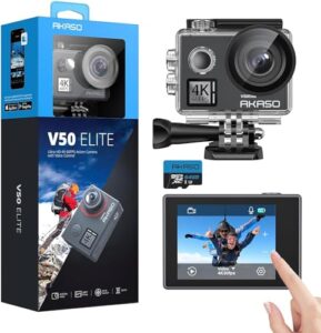 AKASO V50 Elite 4K/60fps Touch Screen WiFi Action Camera Voice Control EIS 40m Waterproof Camera Adjustable View Angle 8X Zoom Remote Control Camera with Accessories Kit + 64GB microSD Memory Card