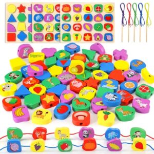 Gontence 60 Pcs Threading Toys - Wooden Puzzle - Toys for 2 3 Year Old Boys Girls - Montessori Toys for 1 Year Old - Wooden Toys for Kids Toddler - 2 3 Year Old Girl Boy Gifts