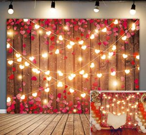 BINQOO Rustic Wood Floor Valentine's Day Photography Backdrops Glitter Lighting Red Love Heart Wall Backdrop Couple Bridal Anniversary Party Decor Supplies (plank