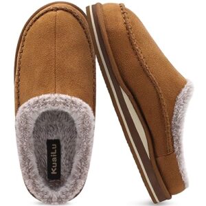 KuaiLu Mens Momery Foam Clog Slippers Comfy Handmade Stitch Microsuede Slip-on House Shoes With Arch Support Warm Faux Fur Lined Rubber Sole Indoor Outdoo