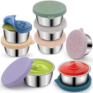 8Pcs Salad Dressing Container To Go|1.7oz Small Stainless Steel Condiment Containers Cups with Silicone Lids for Lunch Bento Box|Round Storage Containers|Small Sauce Pots for Sauce