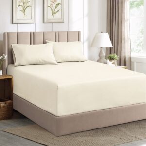 Aisbo Double Fitted Sheet Cream - Extra Deep Pocket Bed Sheet 16 inch 40 cm - Microfiber Bottom Sheet