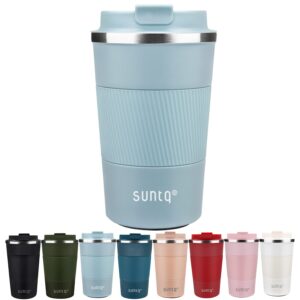 SUNTQ Reusable Coffee Cups Travel 510ml Coffee Travel Mug with Leakproof Lid - Thermal Mug Insulated Cup - Stainless Steel Travel Cup with Rubber Grip for Hot and Cold Drinks Light Blue