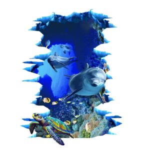 SUPERDANT 3D Broken Wall Stickers Blue Dolphin Turtle Ocean World Wall Decals Under The Sea Tropical Fish DIY Vinyl Stickers Peel and Stick Underwater Wall Decor for Floor Kids Boys Bedroom