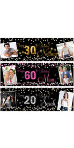 Personalised black pink gold silver happy birthday party banner backdrop background