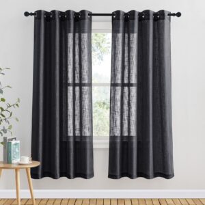 PONY DANCE Voile Curtains for Bedroom - Black Linen Look Net Voile Curtain Thick for Sun Light Filtering Eyelet Top Semi Curtain Panels for French window