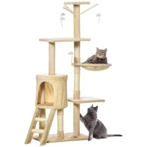 PawHut Cat Tree for Indoor Cats 135cm Cat Tower Scratching Post Kitty Scratcher Climbing Tower with Ladder