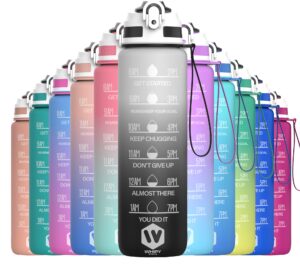 WHIPY 1L Water Bottle with Straw - Leak-Proof & BPA Free Reusable Sports Bottle - Motivational Time Markings for Hydration Durable Drink Bottle for Gym
