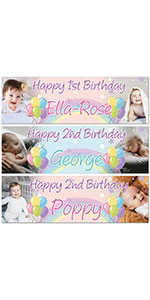 Personalised kids rainbow happy birthday party banner backdrop background