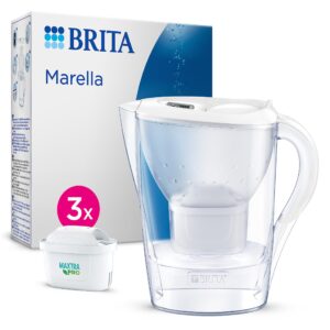 BRITA Marella Water Filter Jug White (2.4L) Starter Pack incl. 3x MAXTRA PRO All-in-1 cartridges - fridge-fitting jug with digital LTI and Flip-Lid - now in sustainable Smart Box packaging