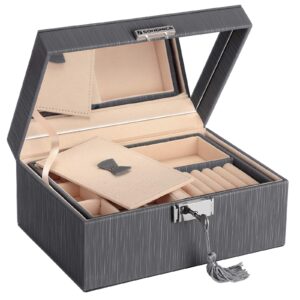 SONGMICS PU Jewellery Box 2 Tier Storage Box with Removable Hinged Travel Box with Mirror on Lid