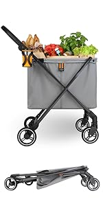 Max shopping cart in grey filled with colourful groceries with