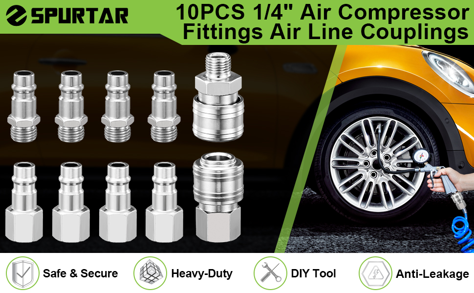 10 Pcs Air Line Hose Euro Connectors, Airline Hose Compressor Fittings 1/4