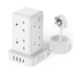 Tower Extension Lead 3M with 8 Way Multi Plug Extension Tower & 4 USB Ports (13A 3250W)