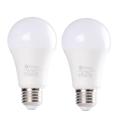 Etrogo Dusk to Dawn LED Light Bulb E27 10 Watt Equivalent to 100W Daylight 6000K Auto On/Off for Entrance Door Front Porch Patio Garden 2 Pack            [Energy Class F]