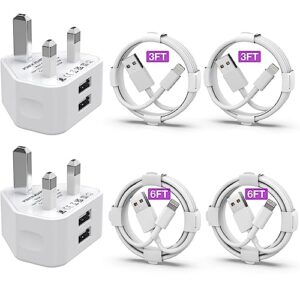 iPhone Charger [MFi Certified] 2Pack Dual USB Wall Plug Adapter UK 2.4A Mains Charger with 4Pack Lightning Cable 3/3/6/6 FT iPhone Fast Charging lead for iPhone 14/13/12/11 Pro Max/S/XS/8/Plus