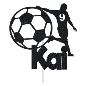 Personalize Pro Customised Birthday Football Cake Topper | Any Name & Any Age Personalised Cake Topper for Kids Man Boy Footballer Sports Theme Birthday Cake Decoration Black