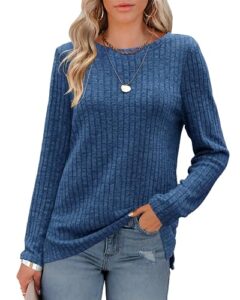 Odosalii Womens Tops Casual Striped Sweaters Crewneck Ribbed Long Sleeve Shirts Side Split Pullover Jumpe