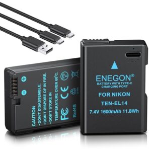 ENEGON EN-EL14 USB C Direct Charging Replacement Batteries 1600mAh (2-Pack) with 2 in 1 USB-C Charging Cable for Nikon D5600
