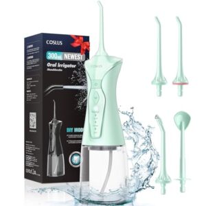 COSLUS Water Dental Flosser Portable Oral Irrigator 300ML 4 Modes Rechargeable Tooth Flosser for Teeth Braces Waterproof Irrigation Cleaner with 4 Jet Tips for Travel Home Cleaning (Green)