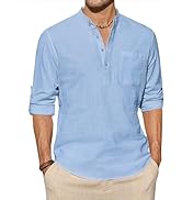 J.VER Mens Henley Linen Shirt Casual Banded Collar Long Sleeve Light Cotton Beach Shirt Top with ...