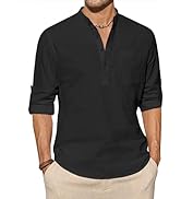 J.VER Mens Henley Linen Shirt Casual Banded Collar Long Sleeve Light Cotton Beach Shirt Top with ...