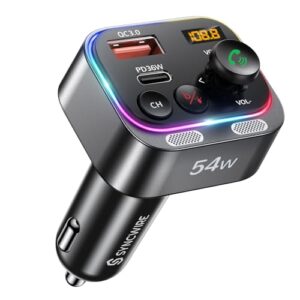 Syncwire Bluetooth 5.3 FM Transmitter Car Charger 54W PD&QC 3.0 USB Type-C Charger Adapter [Fast Charging] [Stronger Mics & HiFi Deep Bass] [Light Switch] Wireless Radio Receiver Hands-Free Calling