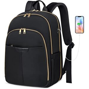 NEWHEY Laptop Backpack for Women 15.6 Inch Travel Ladies Backpacks With USB Charging Port Water Repellent Computer Womens Daypacks for Work Business School College Black