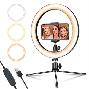 LED Dimmable Desk Makeup Ring Light 10" with Tripod Stand & Phone Holder for Live Streaming & YouTube Video