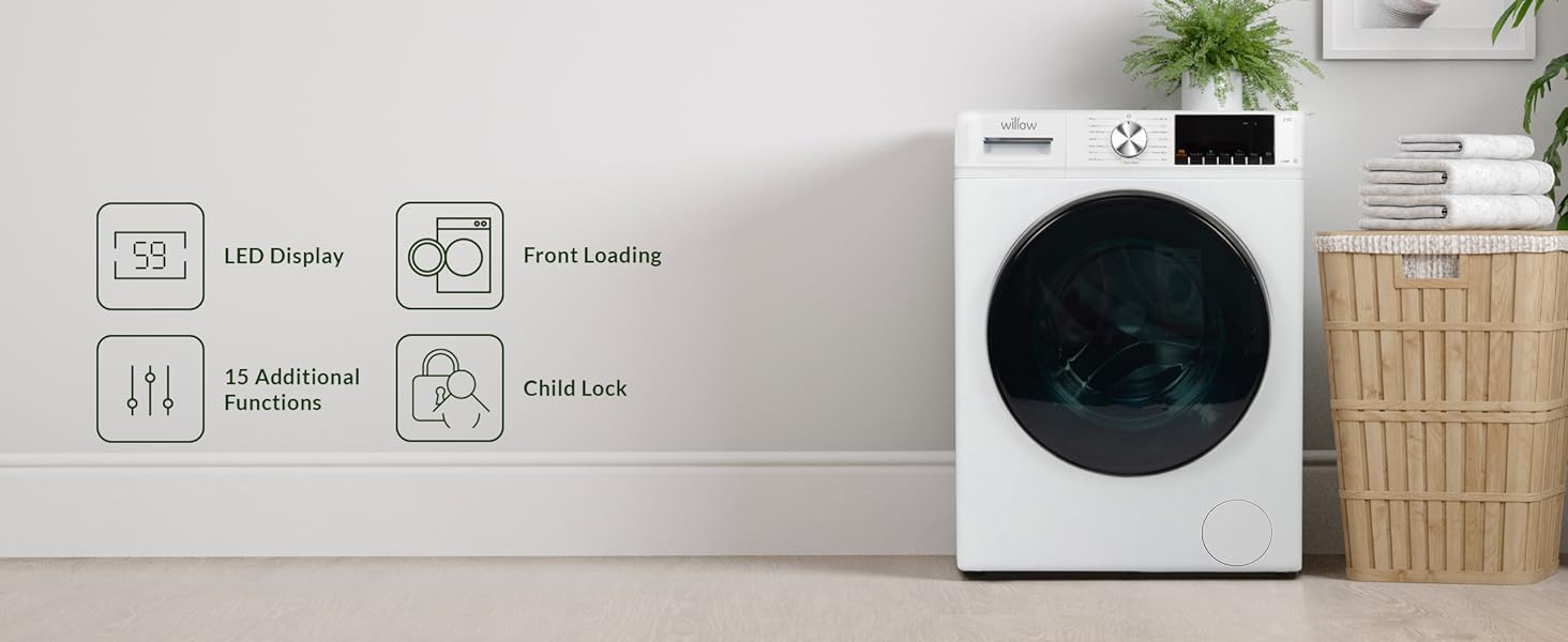 Willow WWD8514WH Washer Dryer, with icons; LED display, front loading, 15 functions, child lock