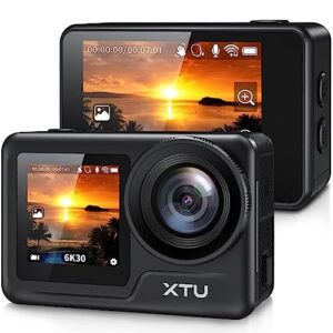 XTU Action Camera 6K 30FPS 20MP WiFi 40M Waterproof Underwater Sports Camera EIS 3.0 Anti-Shake Dual Touch Screen Remote Control Helmet Camera 170°Wide-Angle Vlog Camera with Accessories Ki