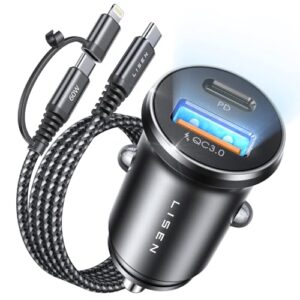 LISEN USB C Car Charger 54W All Metal Cigarette Lighter USB Fast Car Charger Adapter with 3.3ft Type C/L Cable Flush Fit 12V Car USB Socket for iPhone 15 pro max 14 13 12 Samsung S23 S22 iPad Pro