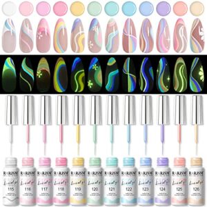 RARJSM Glow in The Dark Gel Liner Nail Art 12 Colors Soft Pastel Neon Blue Purple Pink Green Painting Luminous Gel Nail Polish Set UV LED Curing Requires Thin Brush Stripe Gel for Swirl Nails Desig