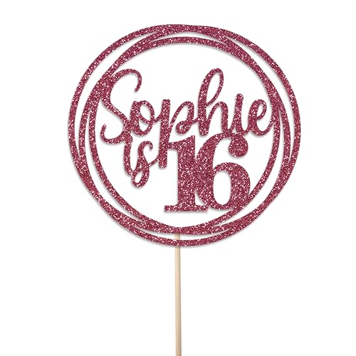 Personalised Birthday Cake Topper - Customised with Any Name Any Age - Birthday Party Cake Decoration - Double Sided Glitter 950 GSM (Cerise)