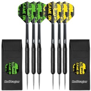RED DRAGON Strata Game On Darts Set - 20 Gram Black Steel Tip Darts with flights and shafts (stems)
