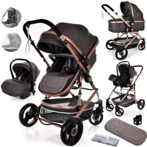Baby Pram Pushchair Buggy with Car Seat Lightweight Stroller Folding Strollers 3 in1 Travel System Baby Trolley Baby Pram for Newborns Toddlers 0-36 Months (Grey Rose Gold)