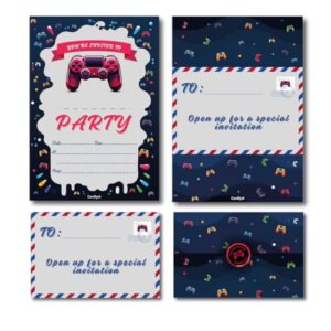 Cardlyst – 24-32 Kids Childrens Gaming Birthday Party Invitations Kids Invites with Folding Envelope Design and Stickers Pack of 24-32 Invites for Boys and girls - Printed and designed in UK!… (32)