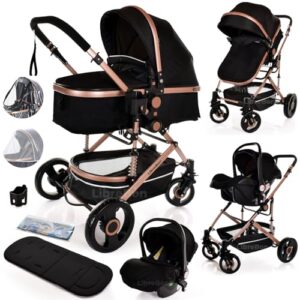 Baby Pram Pushchair Buggy with Car Seat Lightweight Stroller Folding Strollers 3 in1 Travel System Baby Trolley Baby Pram for Newborns Toddlers 0-36 Months (Black Gold)
