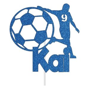 Personalize Pro Customised Birthday Football Cake Topper | Any Name & Any Age Personalised Cake Topper for Kids Man Boy Footballer Sports Theme Birthday Cake Decoration Blue