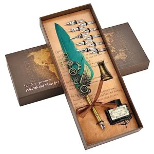 Hethrone Quill Pen and Ink Set - Calligraphy Pens for Writing Feather Pen with Black Ink 10 Replaceable Nibs Gift Set (Green)