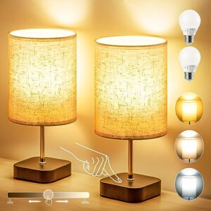 Touch Bedside Lamps Set of 2 - Stepless Dimmable Table Lamp with Beige Linen Lampshade 3-Colour Small Nightstand Lamps for Bedroom Living Room (Bulbs Included)