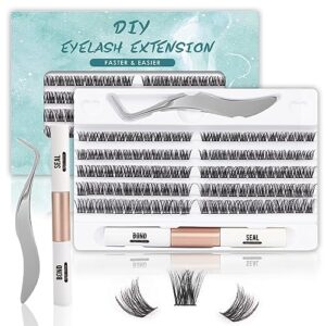 SISILILY Lash Extension Kit-Individual Lashes with Bond and Seal-120 Clusters DIY Fluffy False Eyelashes with Eyelash Glue and Tweezers C D Curl 10/12/14/15/16mm(DM01-mix)